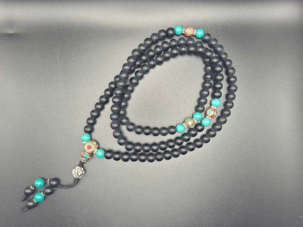 Shaligram Mala-Gebetskette mit Ethno-Schmuck | 108+1 Perlen | ca. 8mm
